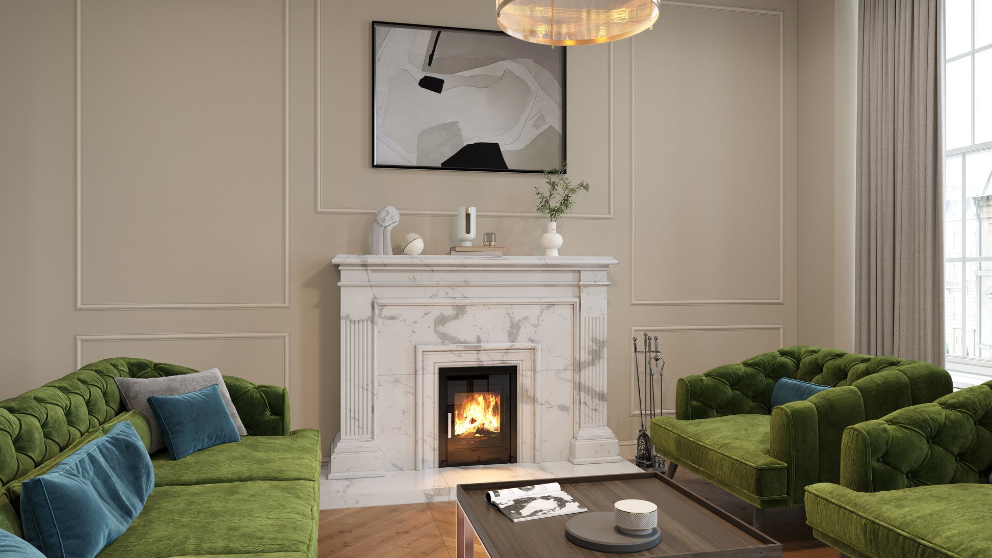 ACR T400 ECO Black Glass. A styled living room featuring a white marble fireplace with a lit fire, flanked by two green velvet tufted sofas and matching armchairs with blue pillows. A dark wood coffee table sits in front, and a framed abstract print hangs on the beige panelled wall above.