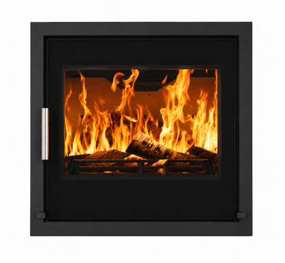 ACR T550 BG. A black modern fireplace insert with a glass window showing a realistic orange and yellow fire with logs, set against a plain white background.