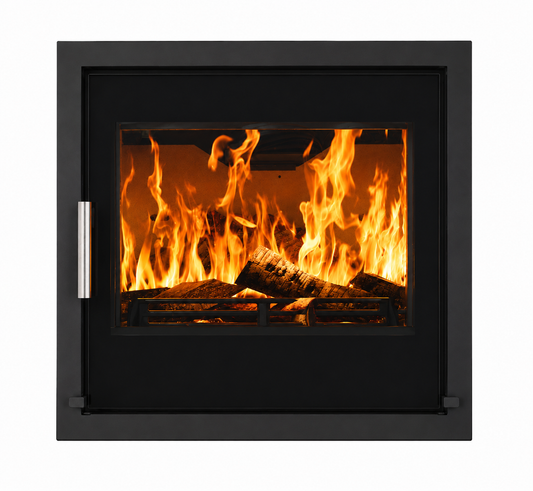 ACR T550 BG. A black modern fireplace insert with a glass window showing a realistic orange and yellow fire with logs, set against a plain white background.