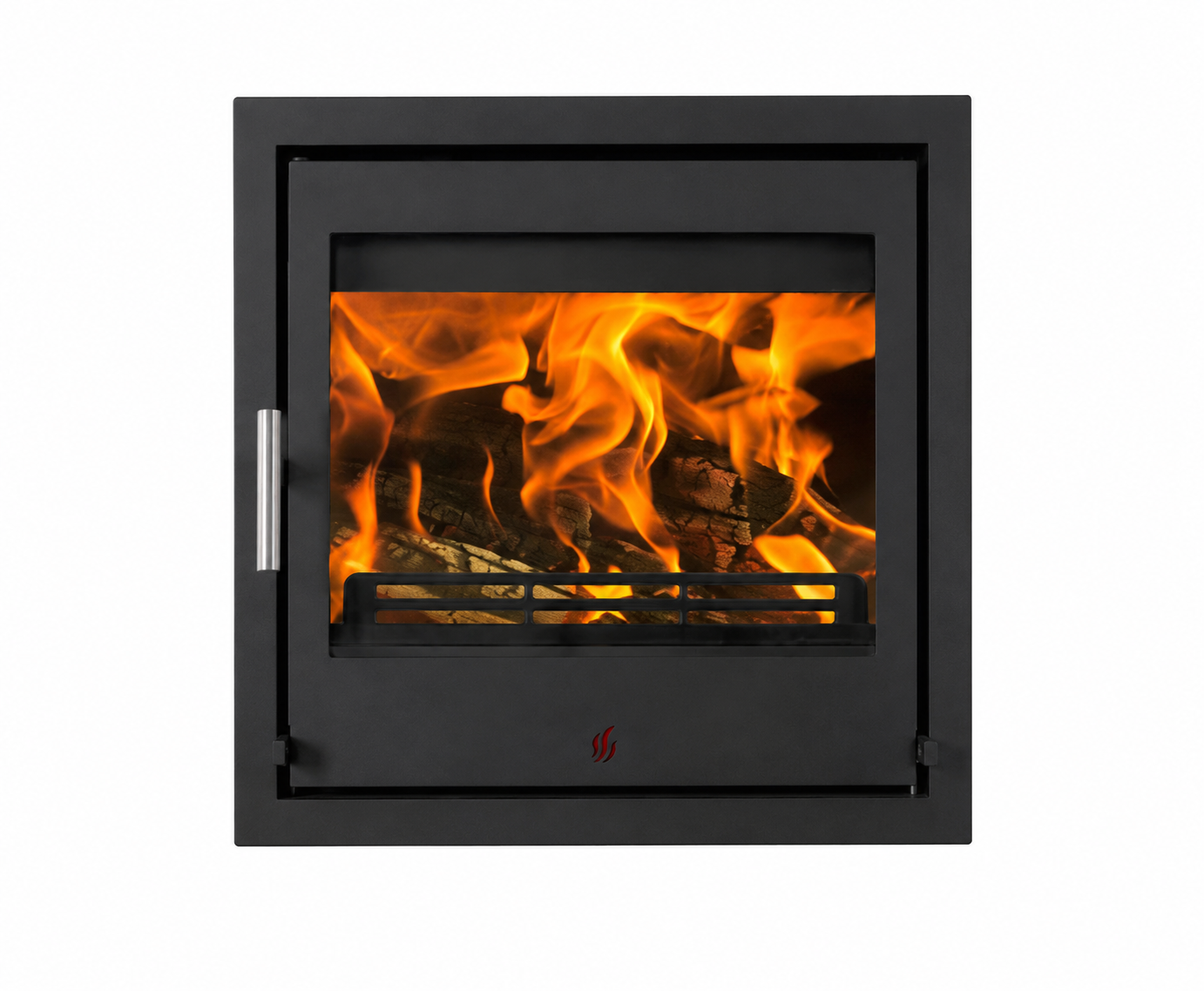 ACR T550 ECO. A black metal wood-burning fireplace insert with a glass door showing bright orange and yellow flames, isolated on a white background.