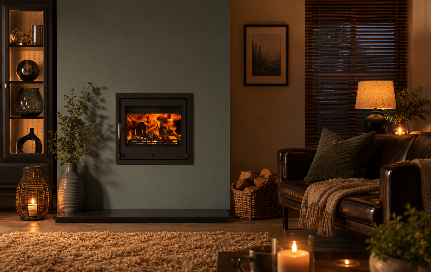 ACR T550 ECO.A modern black fireplace insert with a glowing fire, set into a dark blue-gray wall within a cozy, warmly lit living room featuring a leather sofa, candles, and a lamp.