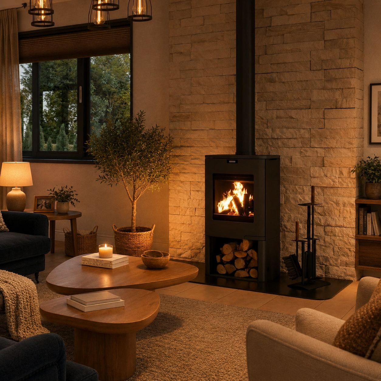 A black wood-burning fireplace with an open log door and visible fire, set against a light stone brick wall in a warmly lit living room with sofas, coffee tables, and decor.