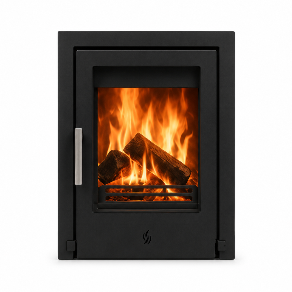 A modern black metal wood-burning fireplace with a glass door showing a glowing orange and yellow fire with logs inside, set against a plain white background.