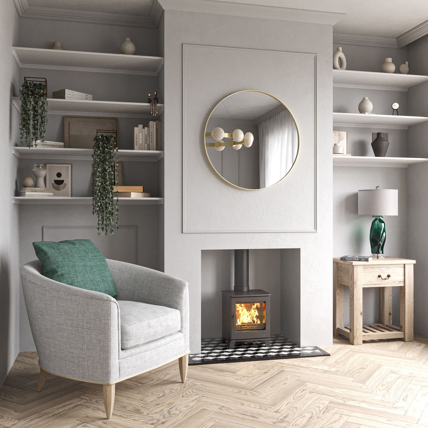 ACR Woodpecker WP4. Modern living room with a fireplace, armchair, and shelves.