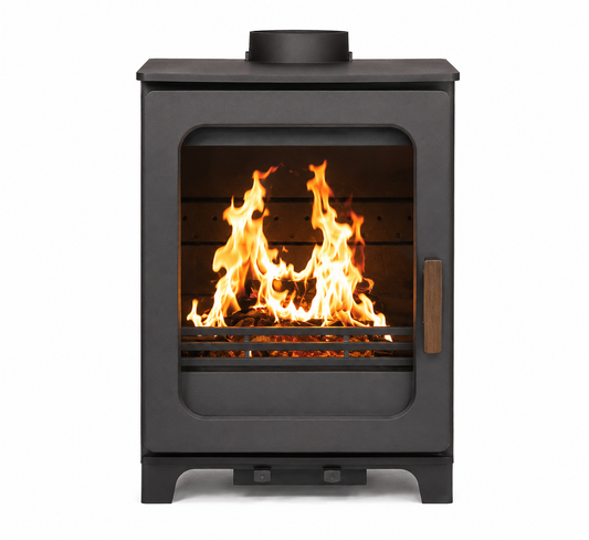 A black metal wood-burning stove with a glass front door showing bright orange and yellow flames, set against a plain white background.