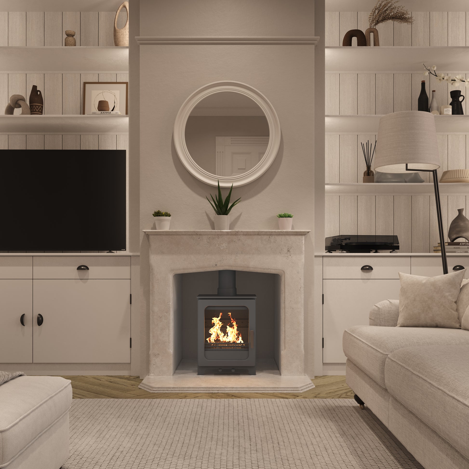 Modern living room with a fireplace, stove, TV, and shelves.