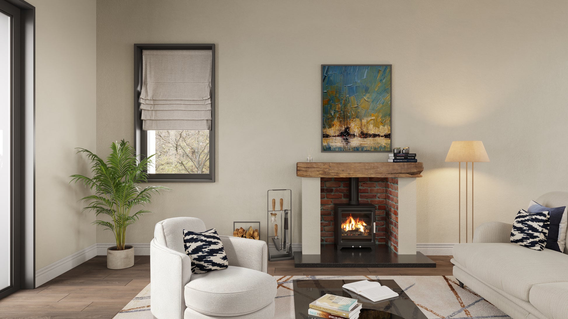 Modern living room with a fireplace, stove, white armchair, and sofa.