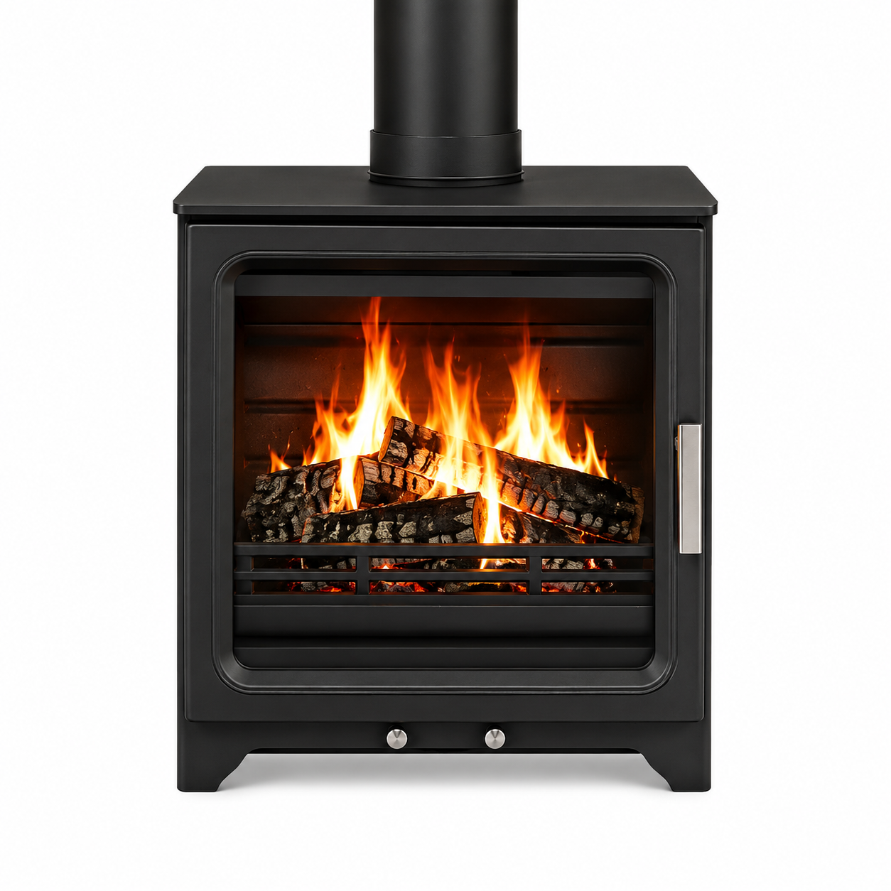 A black freestanding wood-burning stove with a glass front door showing a realistic flame and log effect, plus a black chimney pipe extending upward, photographed on a plain white background.