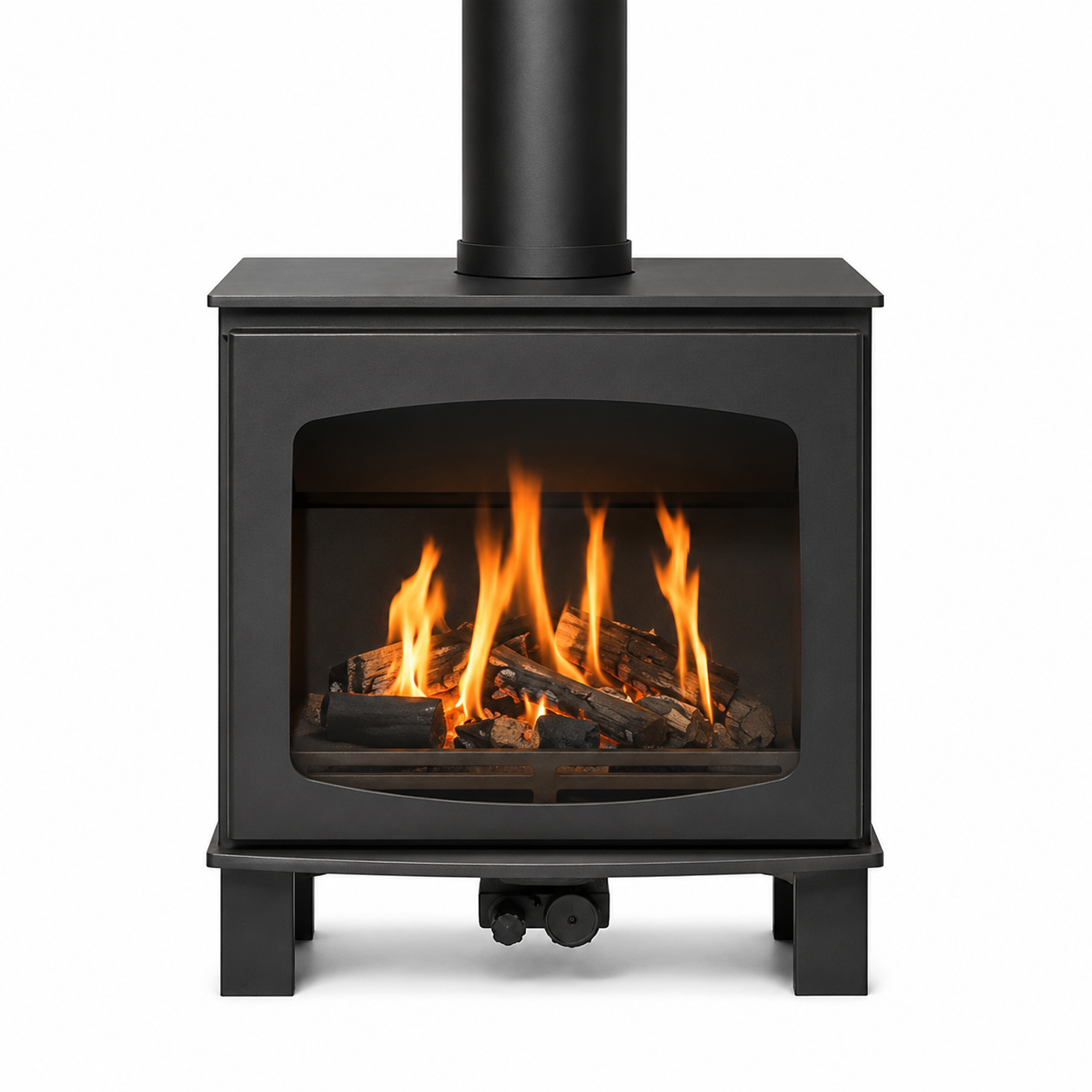 ACR Wychwood. A black metal wood-burning stove with a glass front door showing orange flames and logs, with a black chimney pipe extending upward, isolated on a white background.