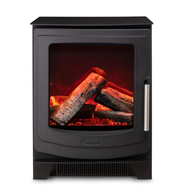 AGA Ellesmere Electric Stove with glowing embers and logs on a white background