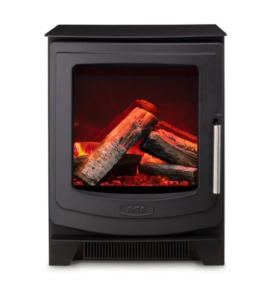 AGA Ellesmere Electric Stove with glowing embers and logs on a white background