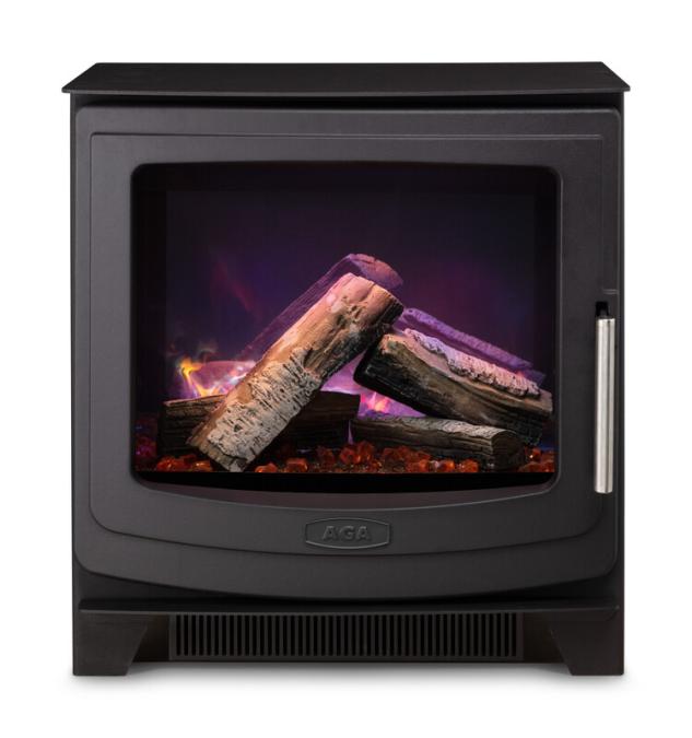 AGA Ellesmere Electric Wide Stove insert with glowing logs on a white background