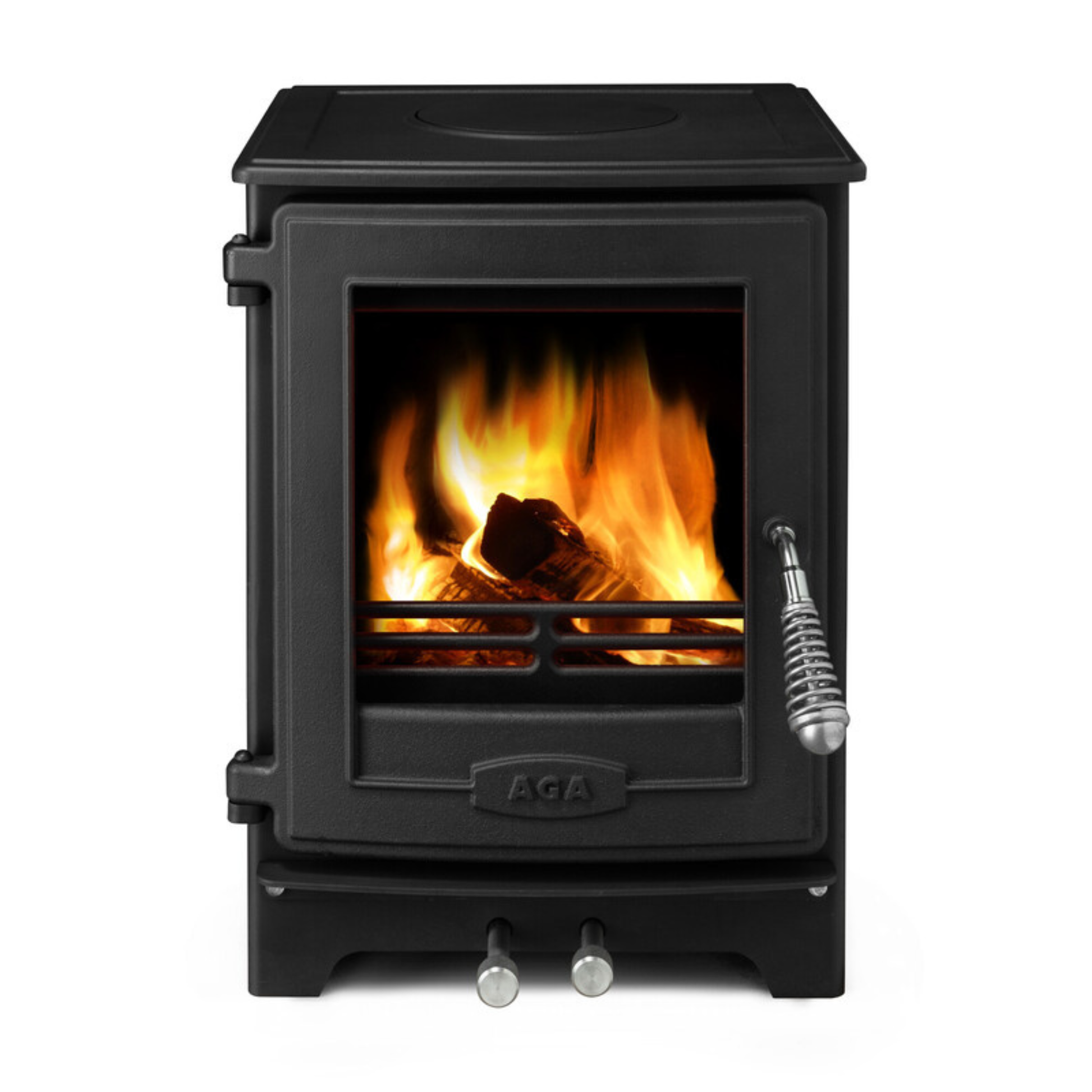 AGA Little Wenlock. Black AGA stove with flames inside on a white background