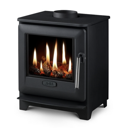 AGA Ludlow Gas Stove. Black stove with visible flames inside on a white background