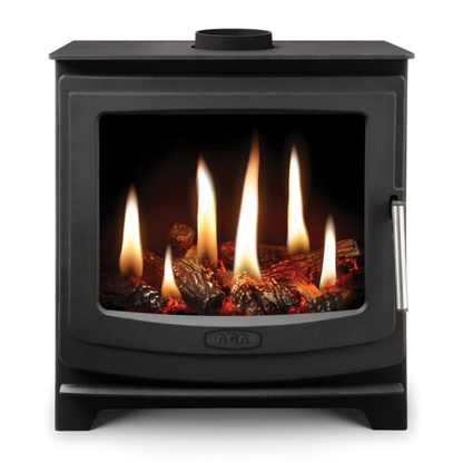 AGA Ellesmere Wide Gas Stove. Black freestanding stove with glowing flames inside on a white background