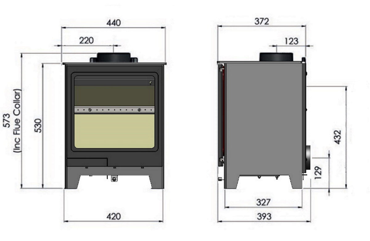 Technical dimension diagram of a wood-burning stove shown from front and side views with measurement labels and numeric dimensions on a white background.
