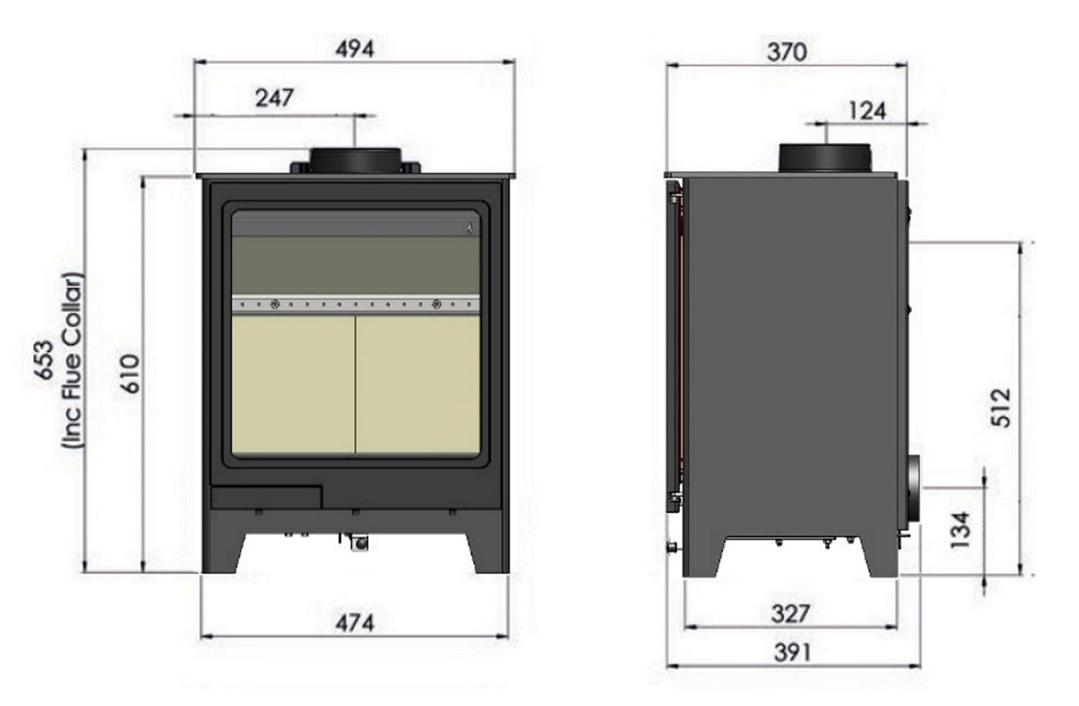 Technical dimension diagram of a wood-burning stove, showing front and side profile views with measurements in millimeters.