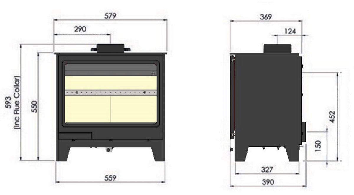 Black wood burning stove dimensions.