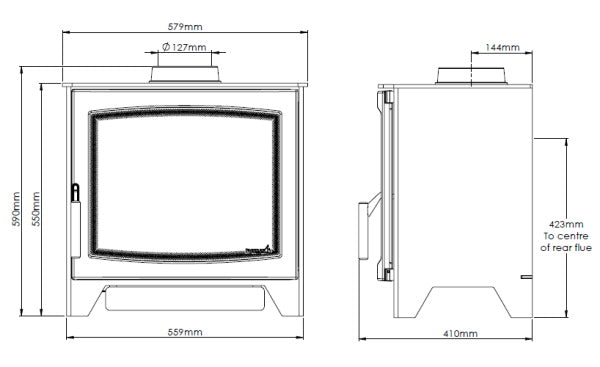 Technical dimension diagram of a gas stove, showing front and side views with measurements in millimetres.