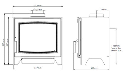 Technical dimension diagram of a gas stove, showing front and side views with measurements in millimetres.