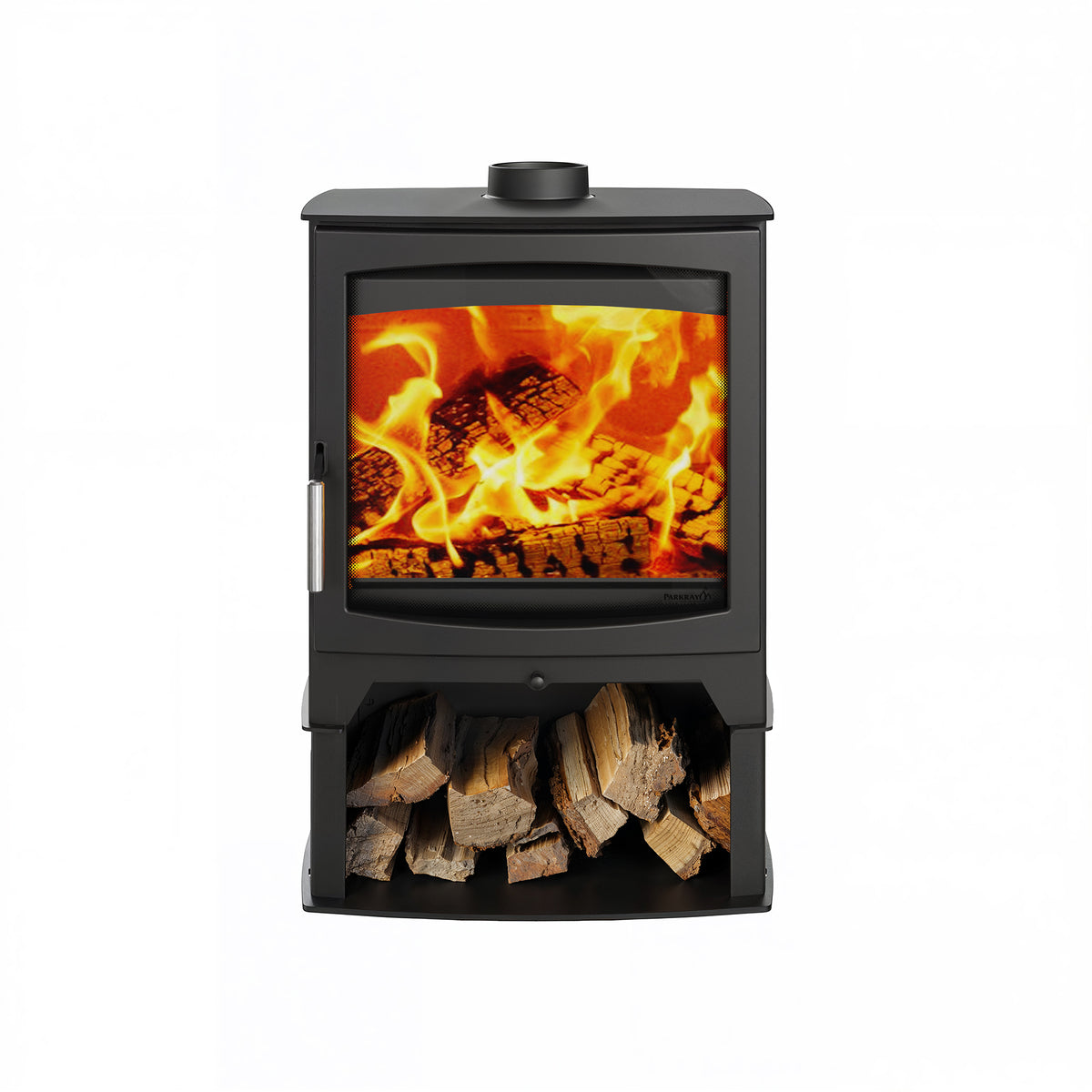 A black wood-burning stove with a glass front door showing a bright fire, a lower log storage compartment filled with cut wood, and a circular vent on top, photographed against a plain white background.