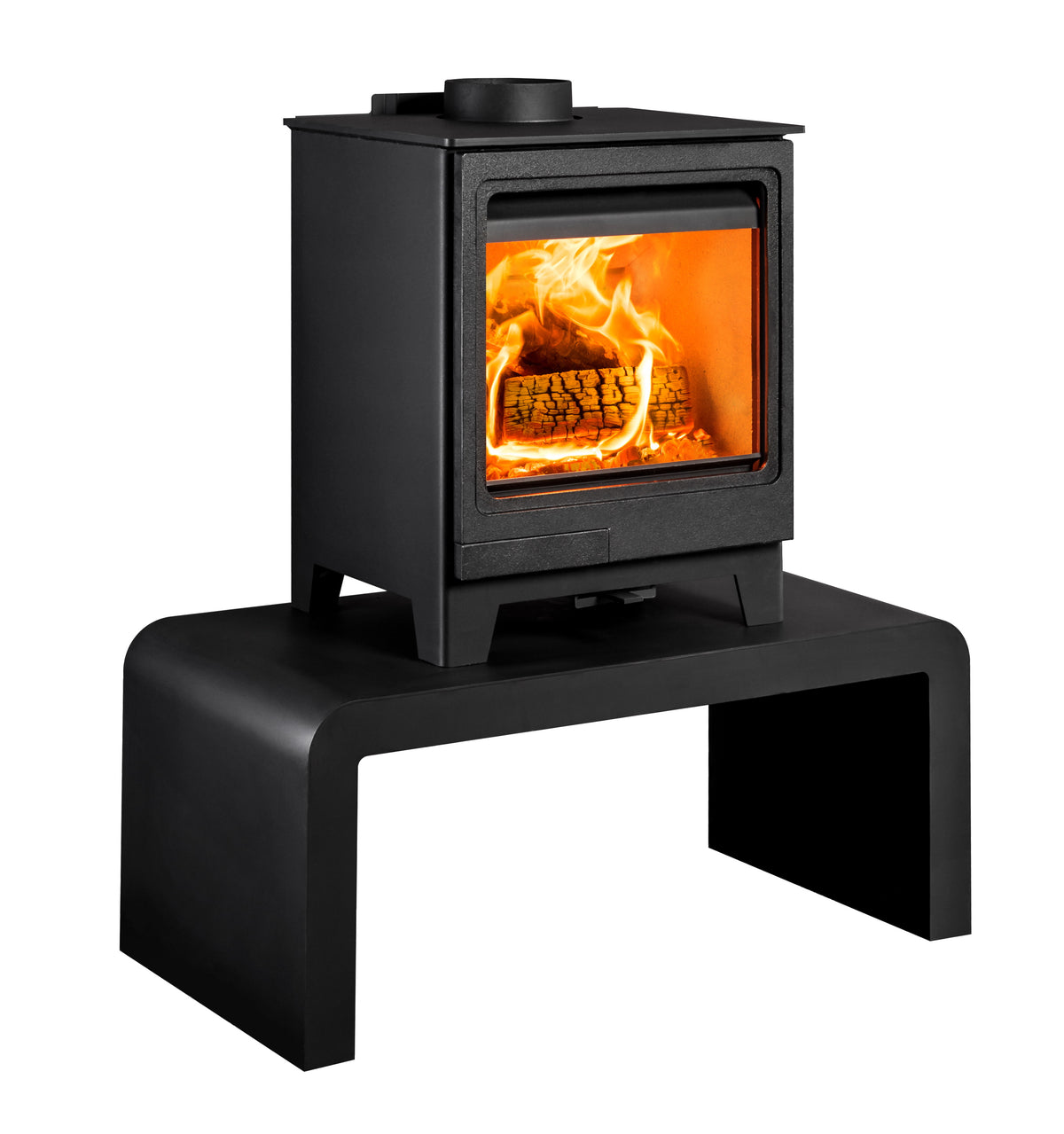 A black wood-burning stove with a glass front door showing a bright orange fire, supported by a matching black metal hearth on a plain white background.