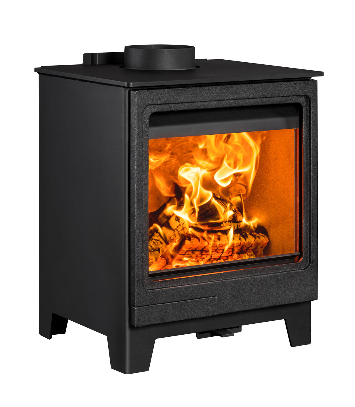 A black cast iron wood-burning stove with a glass front door showing a bright orange fire and logs inside, isolated on a white background.