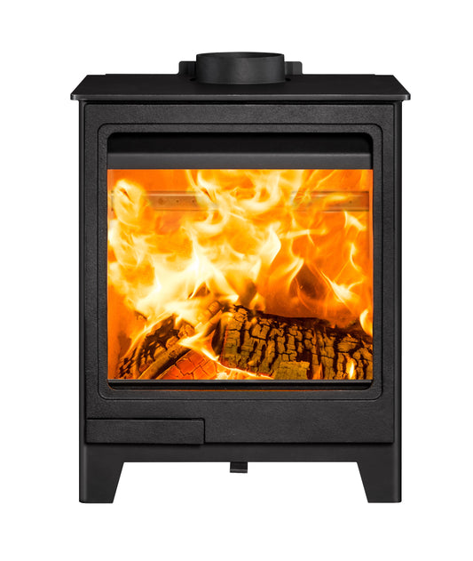 A black wood-burning stove with a glass front door showing a bright orange and yellow fire with logs inside, isolated on a white background.