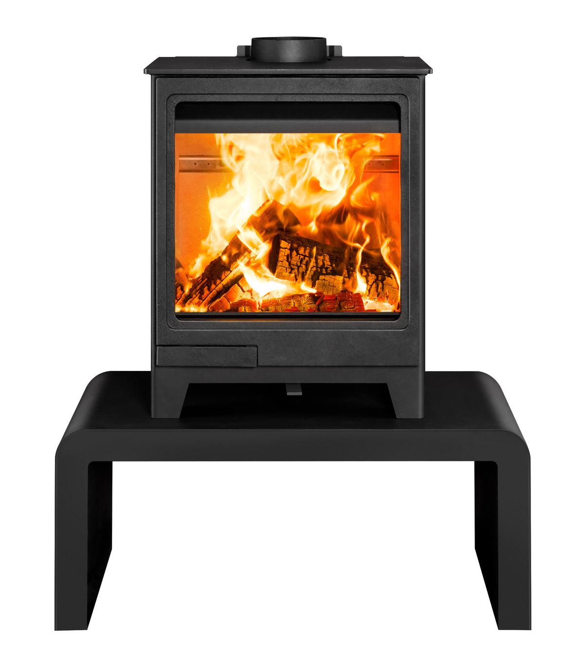 Black wood stove with flames inside on a white background
