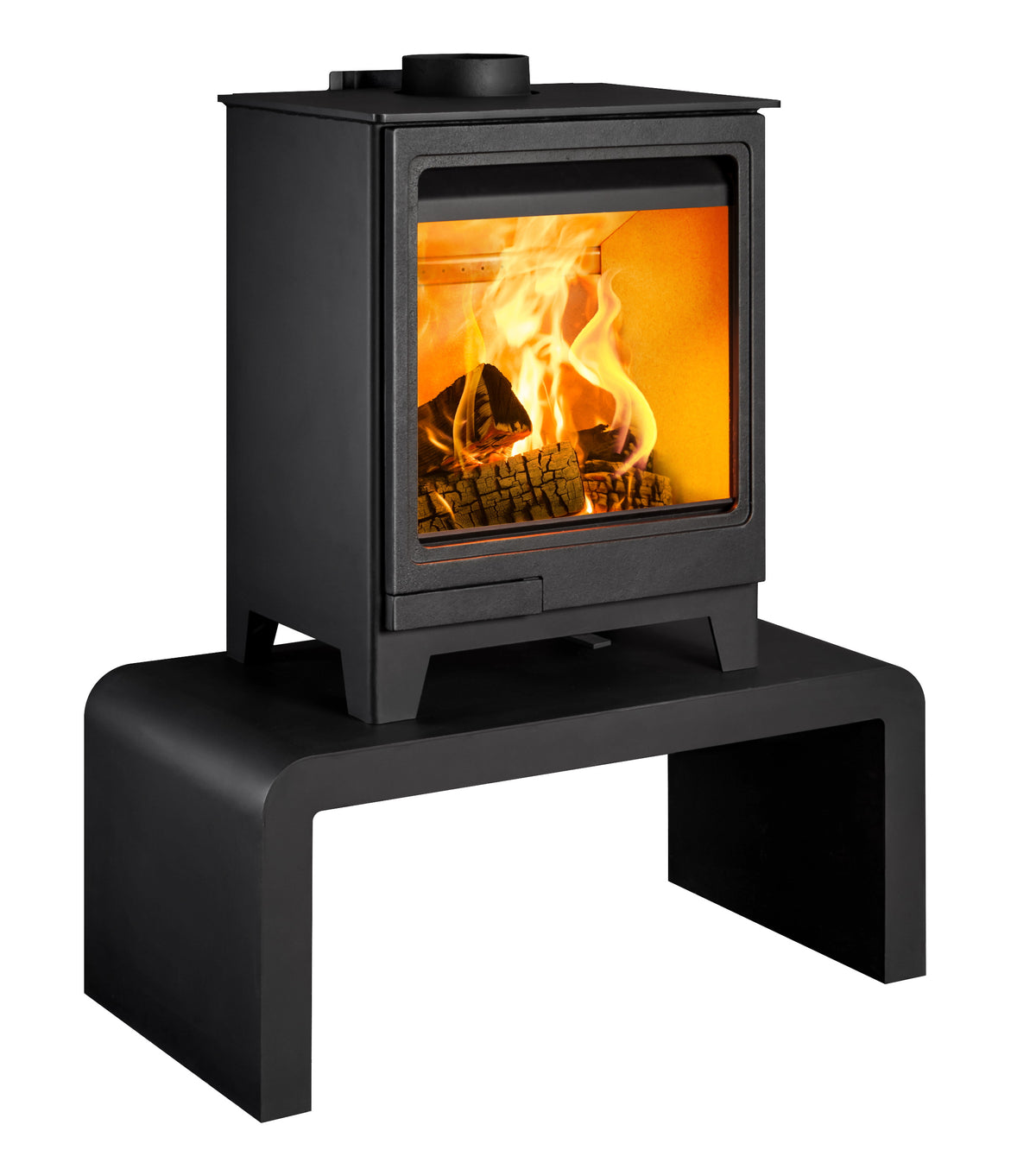 Black freestanding stove with visible flames on a white background
