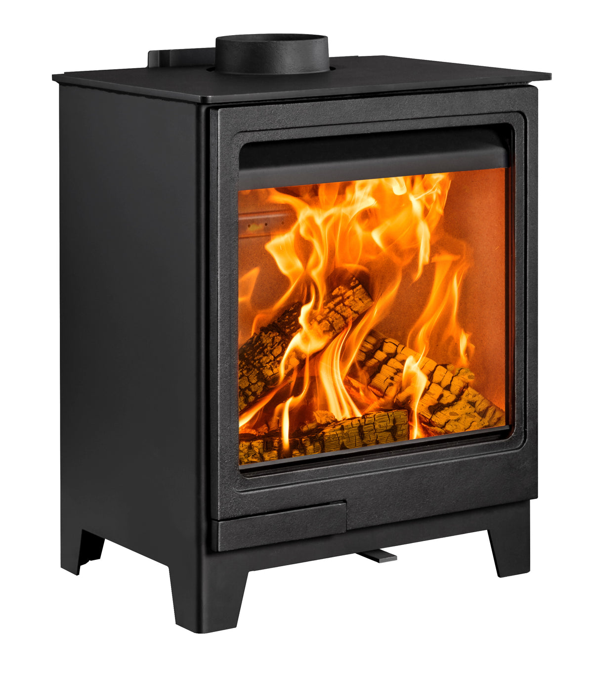 A black cast iron wood-burning stove with a glass front door showing bright orange flames and logs inside, isolated on a white background.