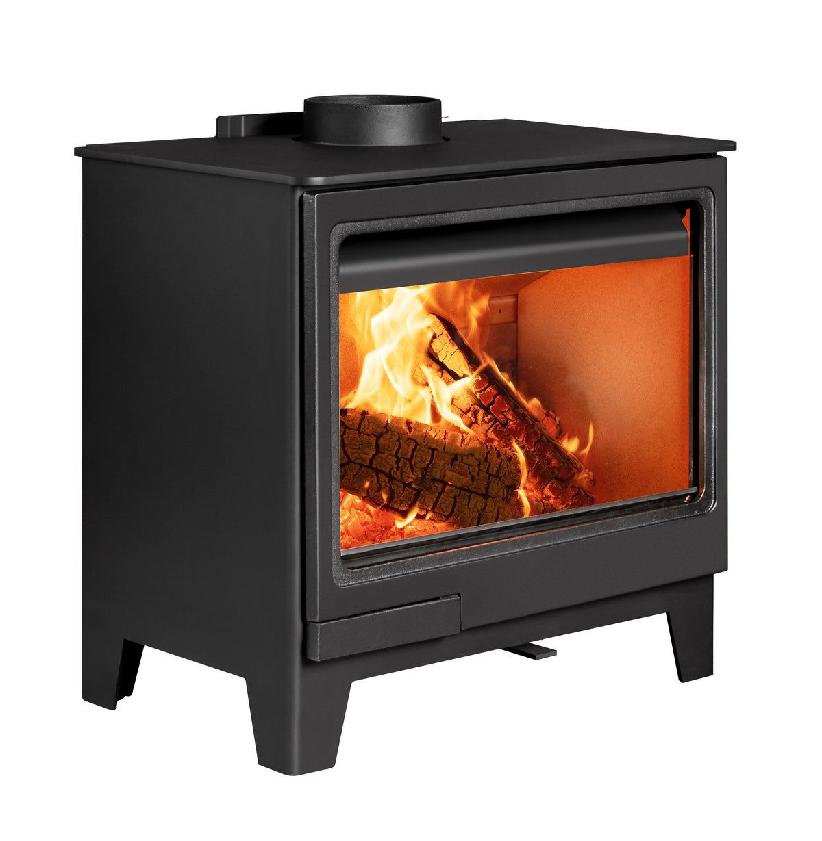 A black wood-burning stove side angle with a glass front door showing a bright fire and logs, isolated on a white background.
