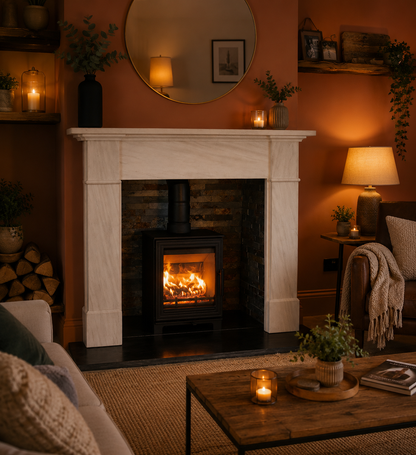 A black wood-burning fireplace with a glowing fire, set within a white marble mantel in a cozy living room with warm orange walls, candles, and a wooden coffee table.