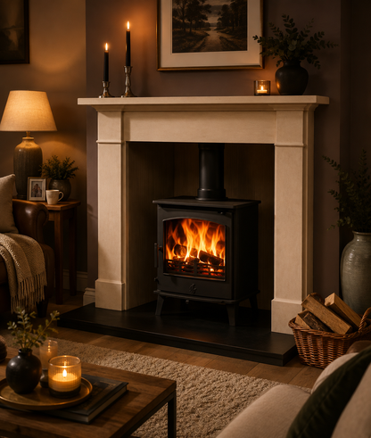 A black wood-burning stove with a glowing fire, set within a cream-colored stone fireplace in a cozy, warmly lit living room.