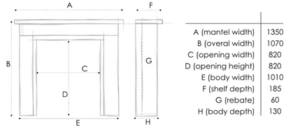 A black and white line drawing schematic of a mantel or fireplace opening with labeled dimensions A through H and a corresponding measurement table on the right.