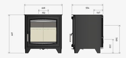 Technical dimension diagram of a black wood-burning stove, showing front and side profile views with measurement labels and numeric dimensions on a light gray background.