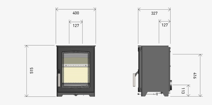 Technical dimension diagram of a freestanding fireplace or stove shown in two views: front and side. The diagram includes measurement labels and arrows indicating widths and heights such as 400, 327, 515, 416, 127, and 113 on a light gray background.