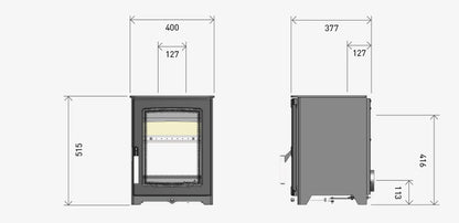 Technical dimension diagram of a freestanding wood-burning stove shown in front and side views with measurement labels.