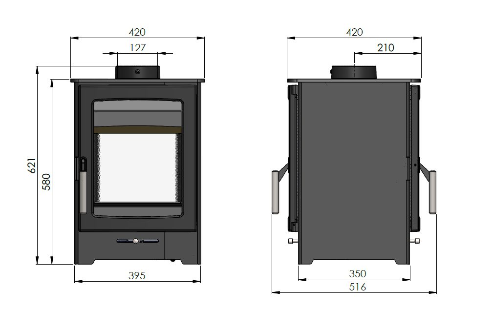 Technical dimension diagram of a black wood-burning stove shown from front and side views with measurement labels on a white background.