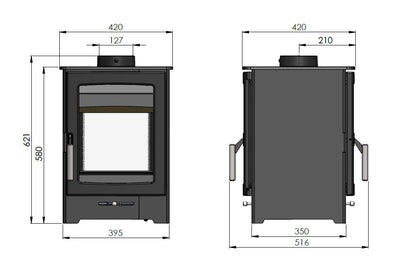 Technical dimension diagram of a black wood-burning stove shown from front and side views with measurement labels on a white background.