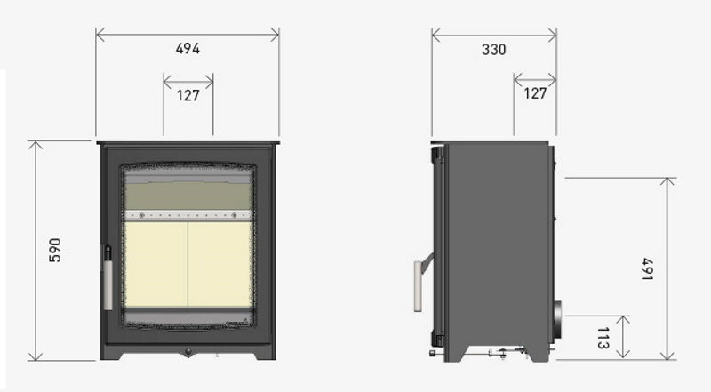 Technical dimension diagram of a wood-burning stove shown from the front and side, with measurements labeled in millimeters on a light gray background.