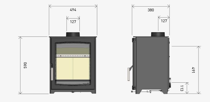 Technical dimension diagram of a wood-burning stove shown from front and side views with measurement labels and numbers on a light gray background.