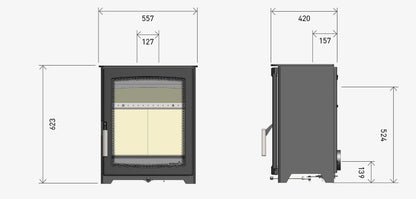 Technical dimension diagram of a wood-burning stove shown from front and side views with measurement labels and numbers on a light gray background.