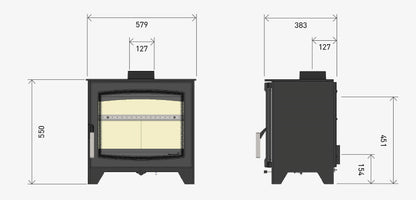 Technical dimension diagram of a black wood-burning stove shown from front and side views with measurement labels and numeric dimensions on a light gray background.