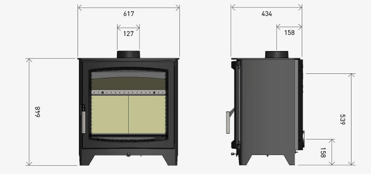 Technical dimension diagram of a wood-burning stove shown from front and side views with measurement labels and numbers on a light gray background.