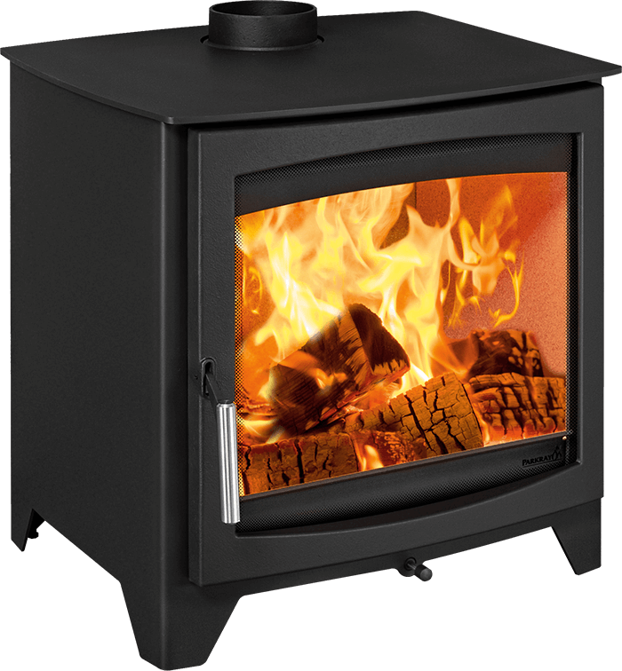 A black wood-burning stove with a glass front door showing a bright orange fire and logs, photographed on a clean white background.