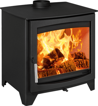 A black wood-burning stove with a glass front door showing a bright orange fire and logs, photographed on a clean white background.