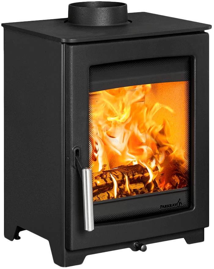 Black wood stove with visible flames inside, brand 'Parker' visible.