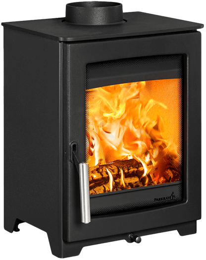 Black wood stove with visible flames inside, brand 'Parker' visible.
