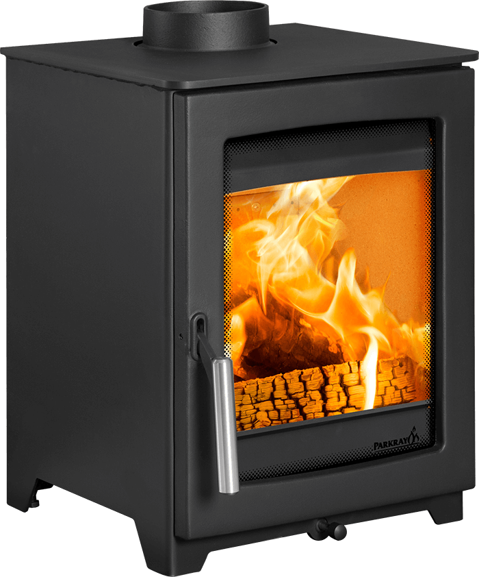 A black Pürsät wood-burning stove with a visible fire inside, shown on a plain white background. The stove features a front glass window with a metal mesh screen, a silver handle, and a circular chimney pipe on top.